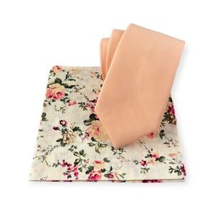 Men’s Peach Sherbet Slim Necktie & Floral Pocket Square Set